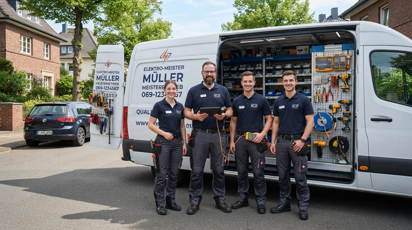 Elektriker-Team von ELT.MTN Elektrotechnik vor einem organisierten Servicefahrzeug