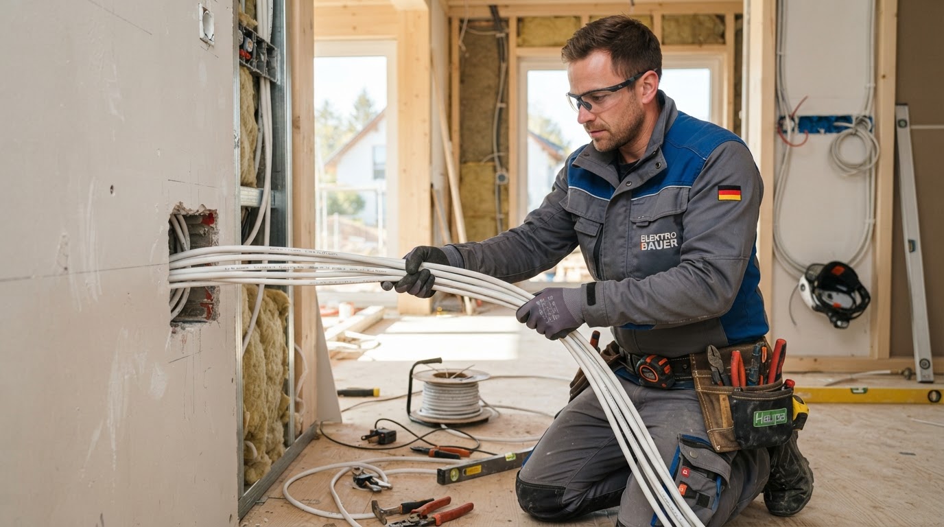 Elektriker zieht Kabel durch eine Wand im Neubau