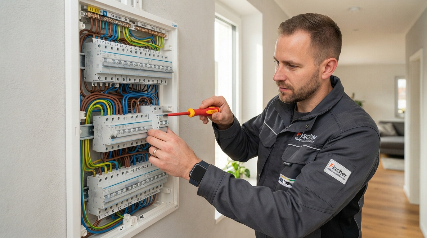 Elektriker bei der Arbeit an einer modernen Elektroverteilung in einem deutschen Zuhause