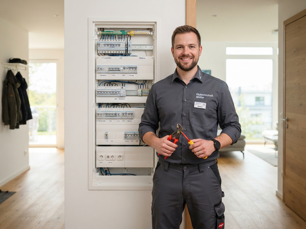 Freundlicher Elektriker von ELT.MTN Elektrotechnik vor einer fertigen Installation