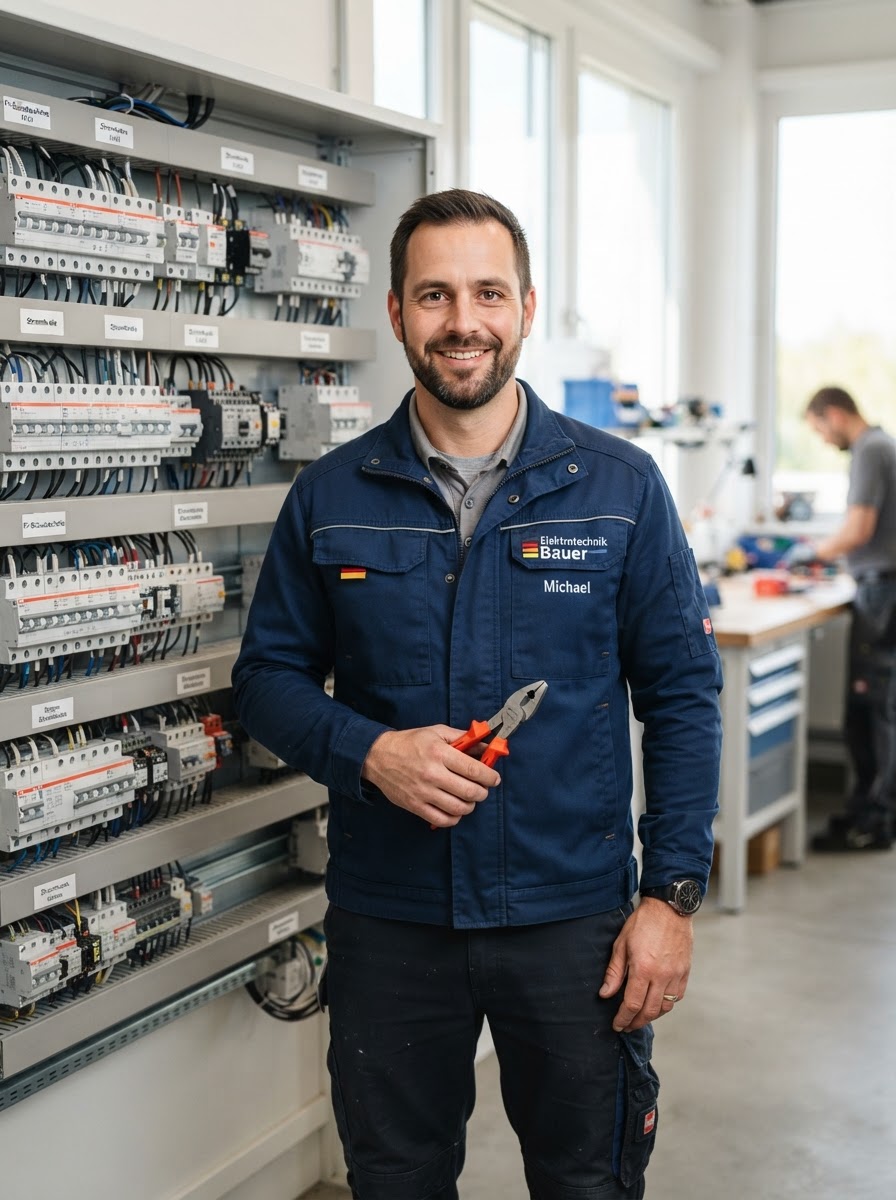 Teo Narcis, Inhaber von ELT.MTN Elektrotechnik, vor einer fertigen Installation