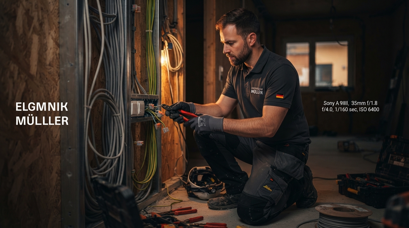Professioneller Elektriker bei der Arbeit in einem deutschen Zuhause