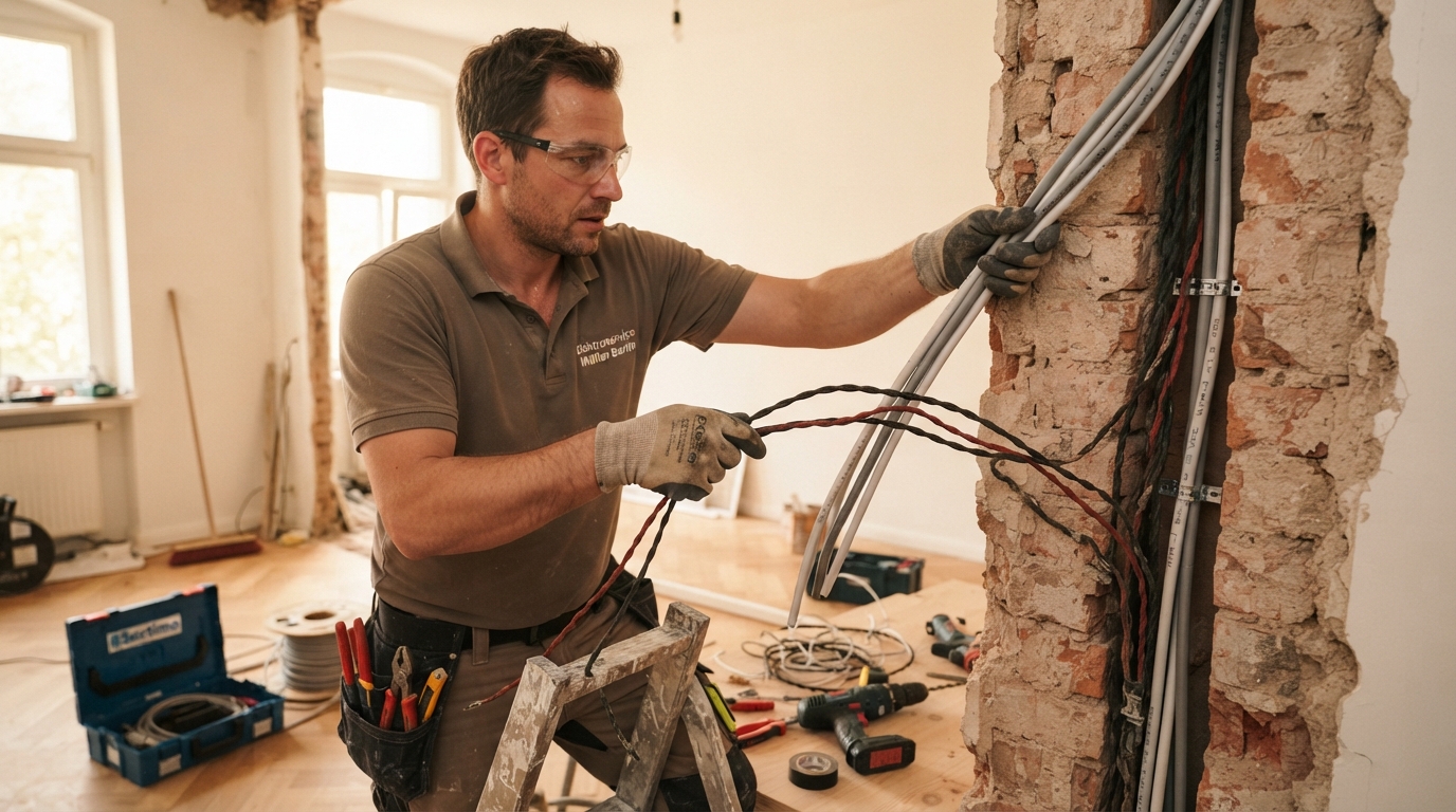 Elektriker erneuert alte Kabel in einer Wohnung