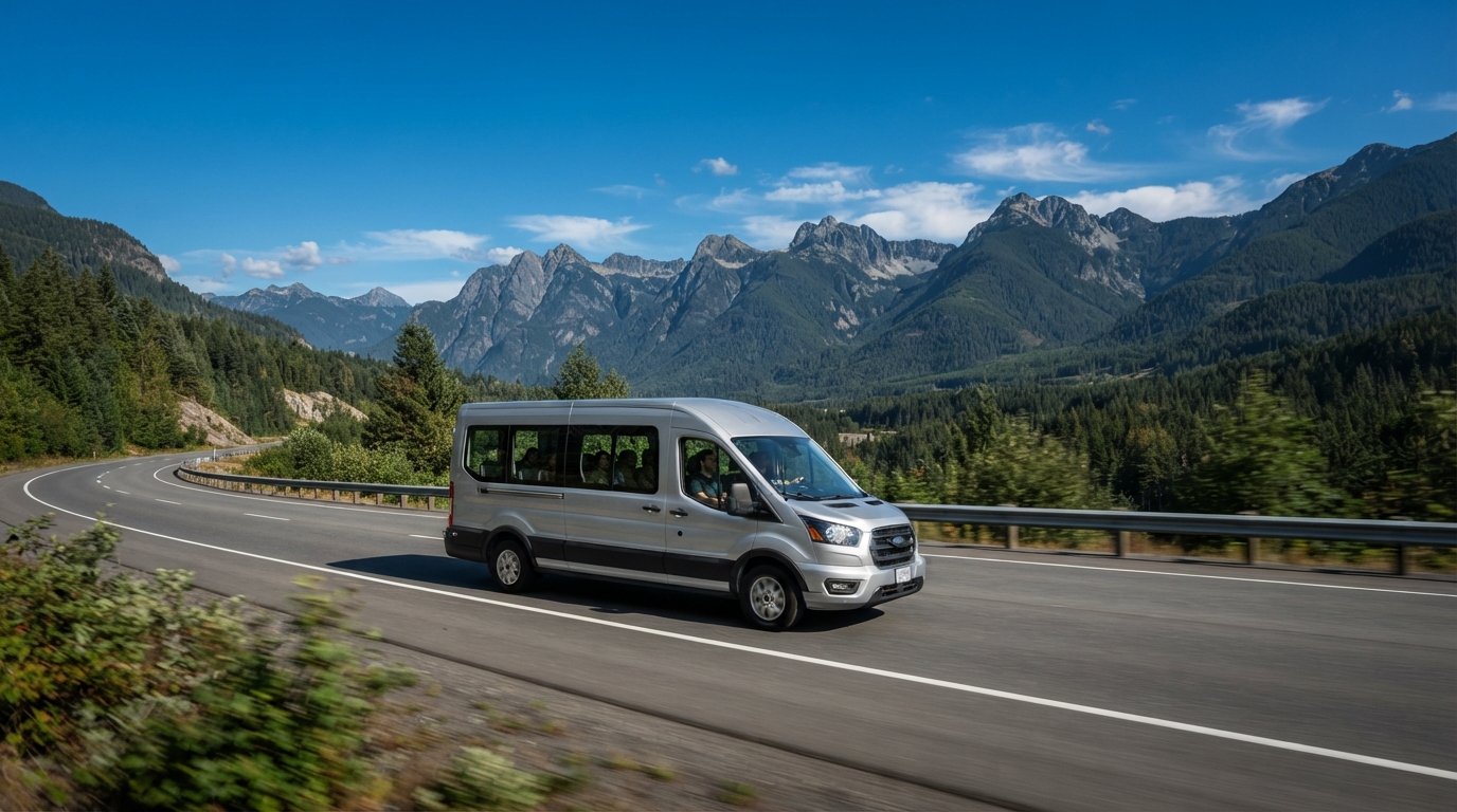 Ford Transit 9 személyes kisbusz autópályán kék éggel és hegyekkel