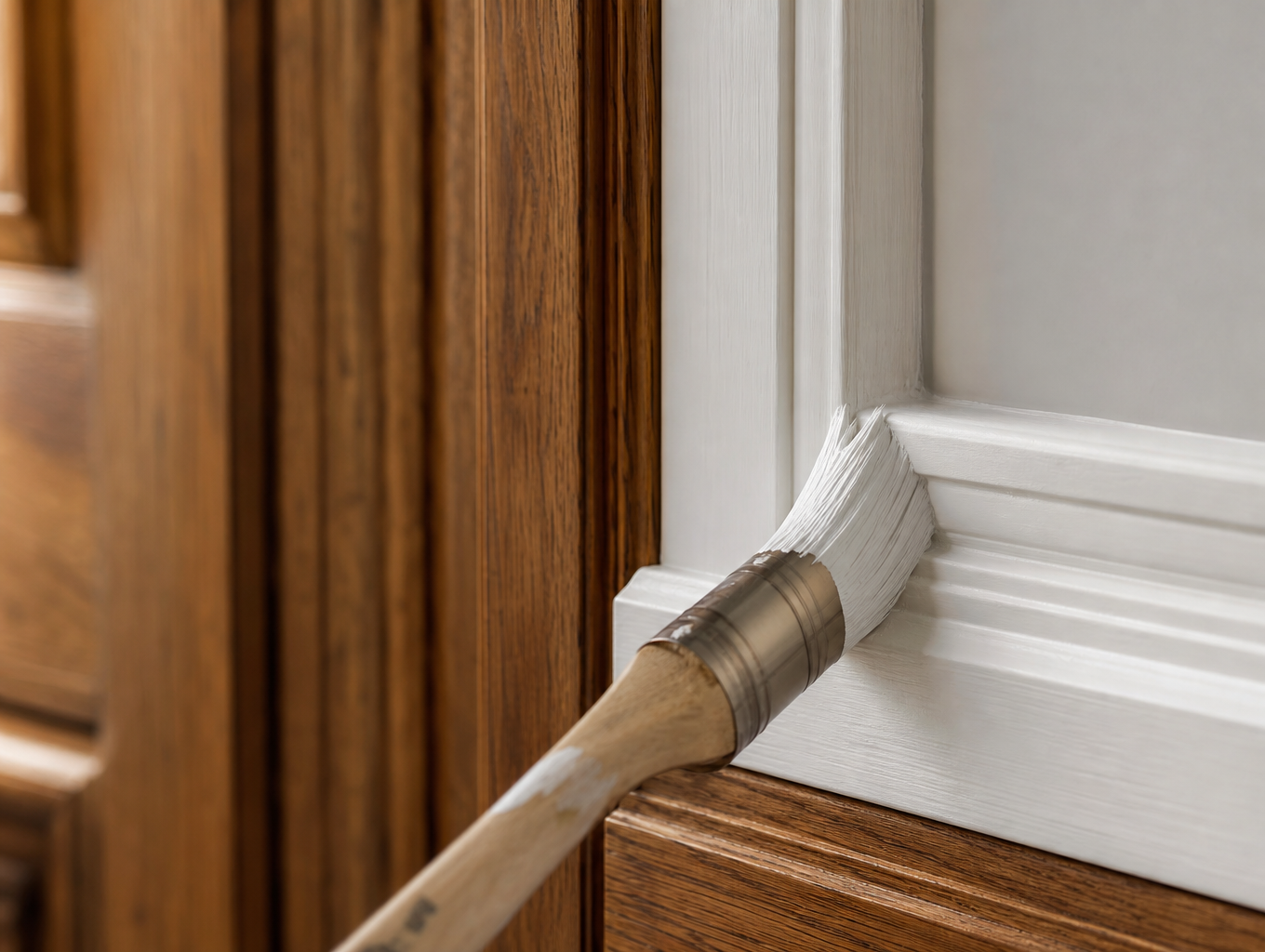 Detail of hand-cut white painted trim and casing beside natural wood paneling