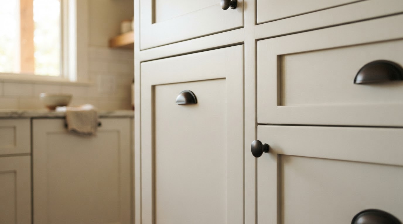 Close-up of finished cabinetry with smooth sprayed lacquer finish, cup pulls, and shaker-style doors