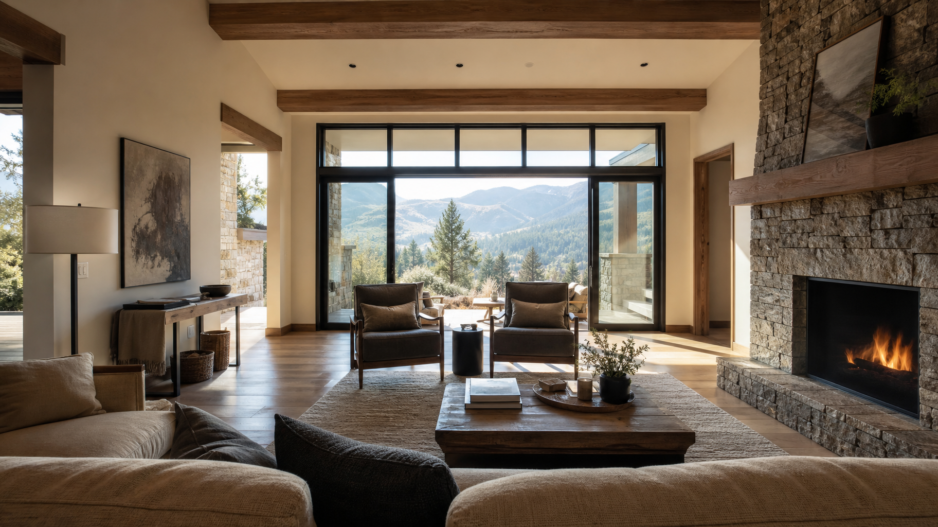 Luxury mountain home living room with painted walls, wood beams, and stone fireplace