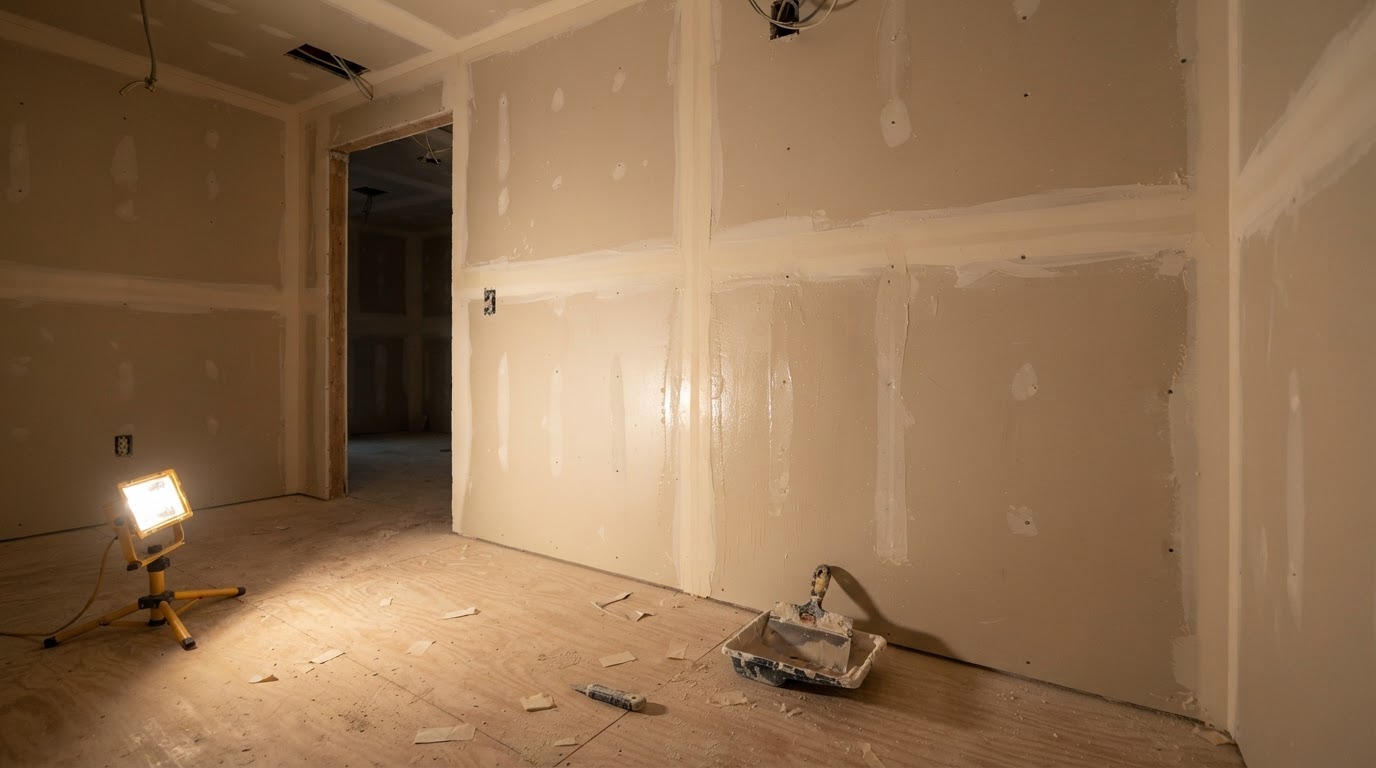 Drywall installation in progress with taped seams, mudded joints, work light and finishing tools