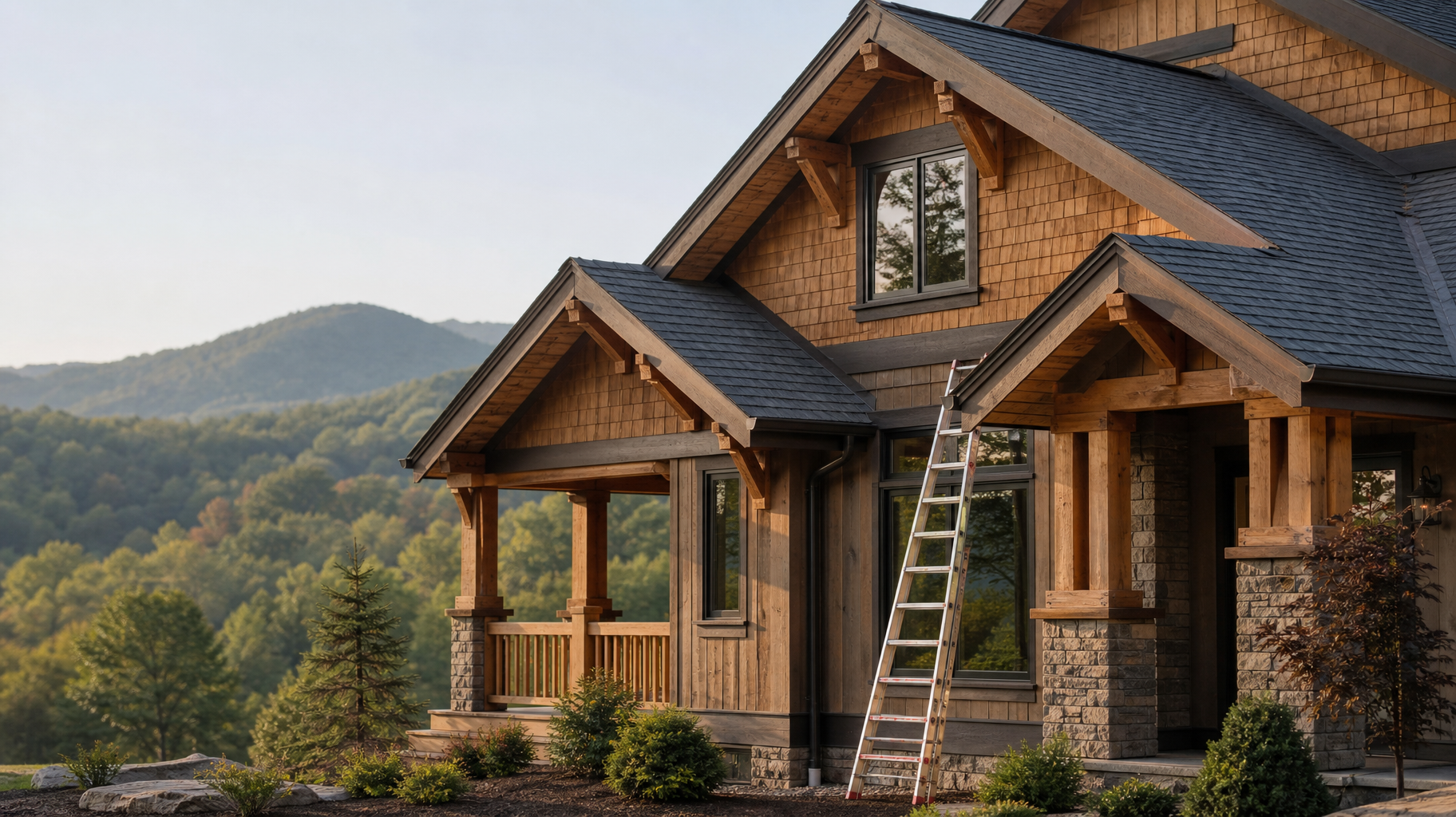 Craftsman mountain home exterior with wood shake siding, timber brackets, and exterior trim