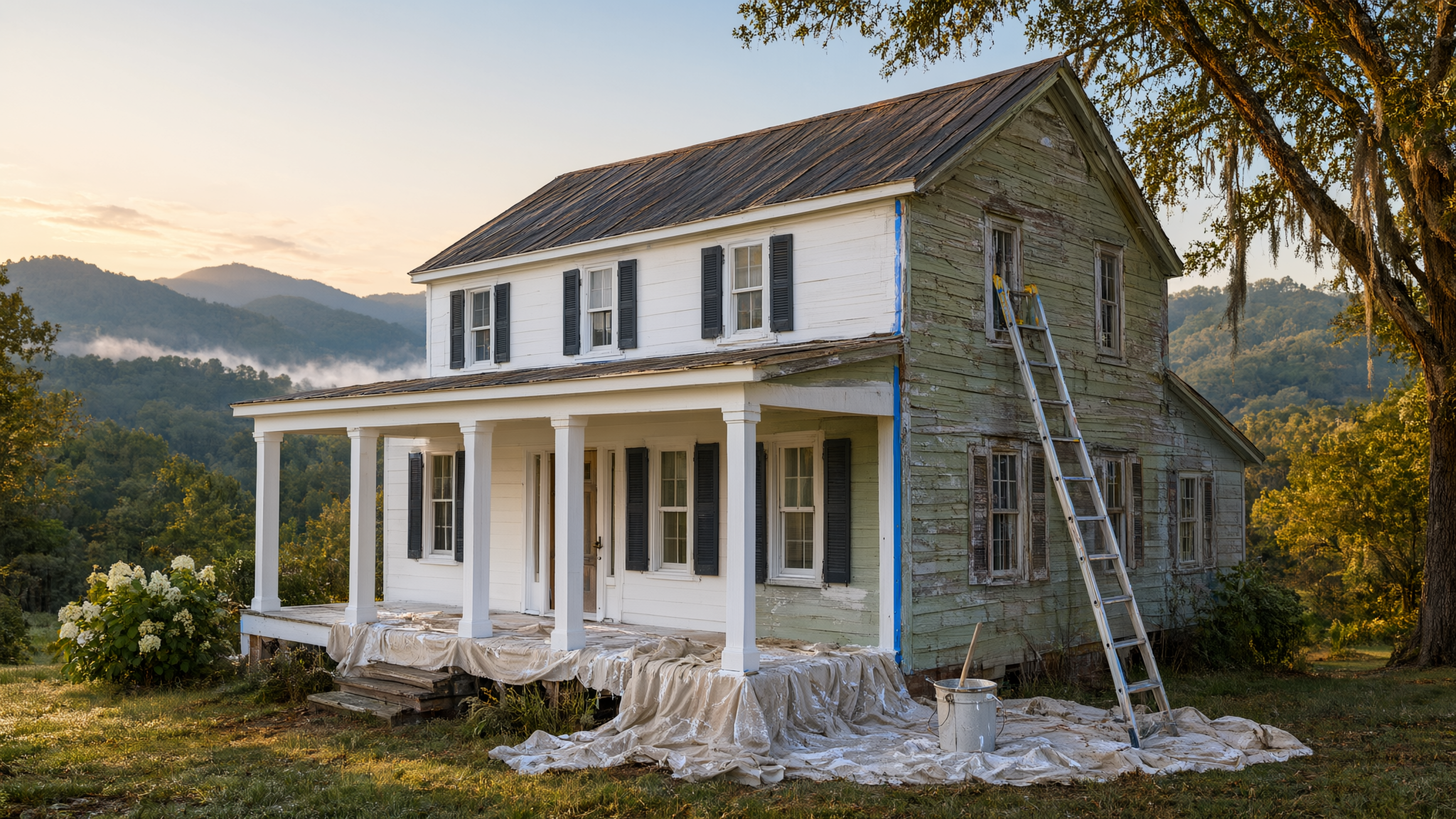 Historic two-story home exterior restoration and painting in Blue Ridge mountain setting