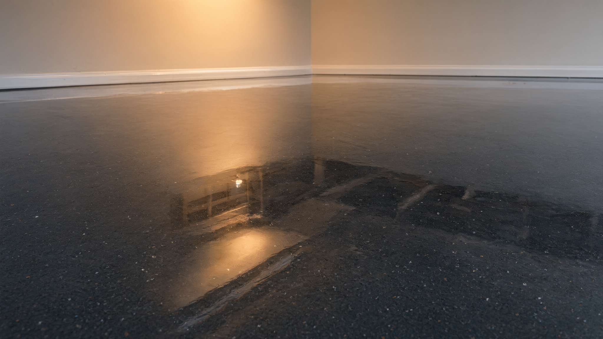 Mirror-reflective high-gloss epoxy floor coating with clean baseboards