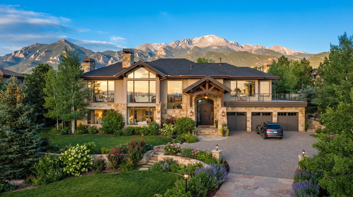 Bright luxury Colorado Springs home at golden hour with Pikes Peak backdrop