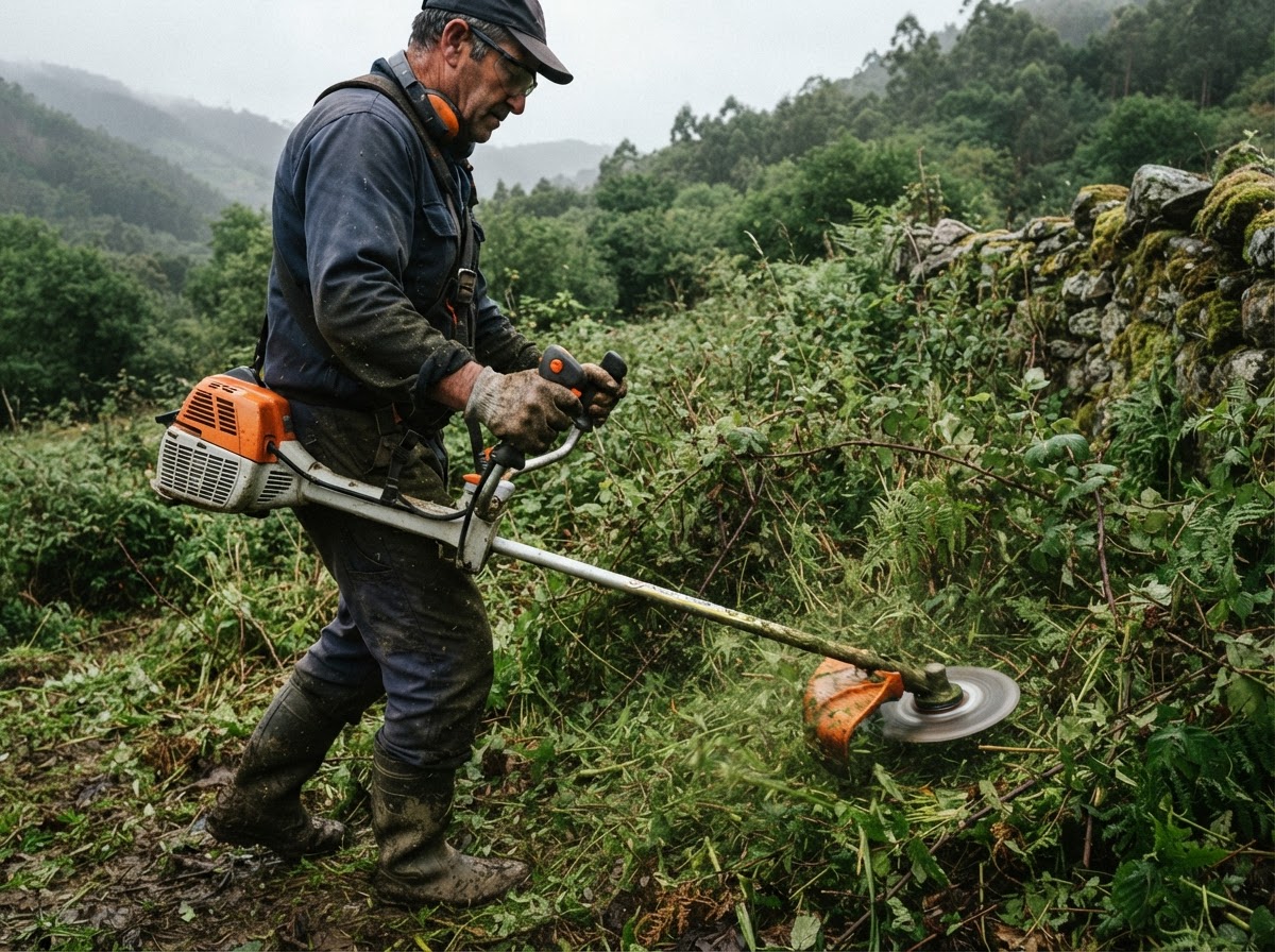 Trabajador usando una desbrozadora para limpiar maleza en una finca gallega