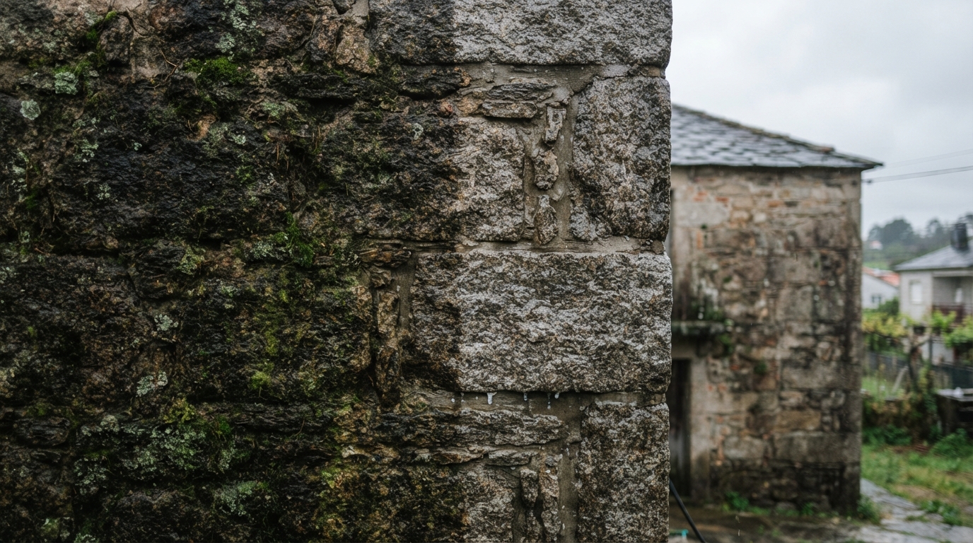 Muro de piedra con verdín antes de la limpieza