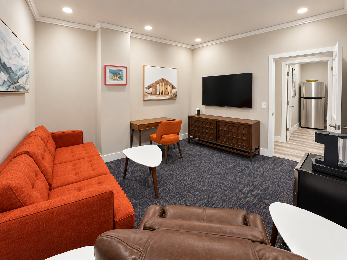 Leather power recliner and cozy reading area in the private suite