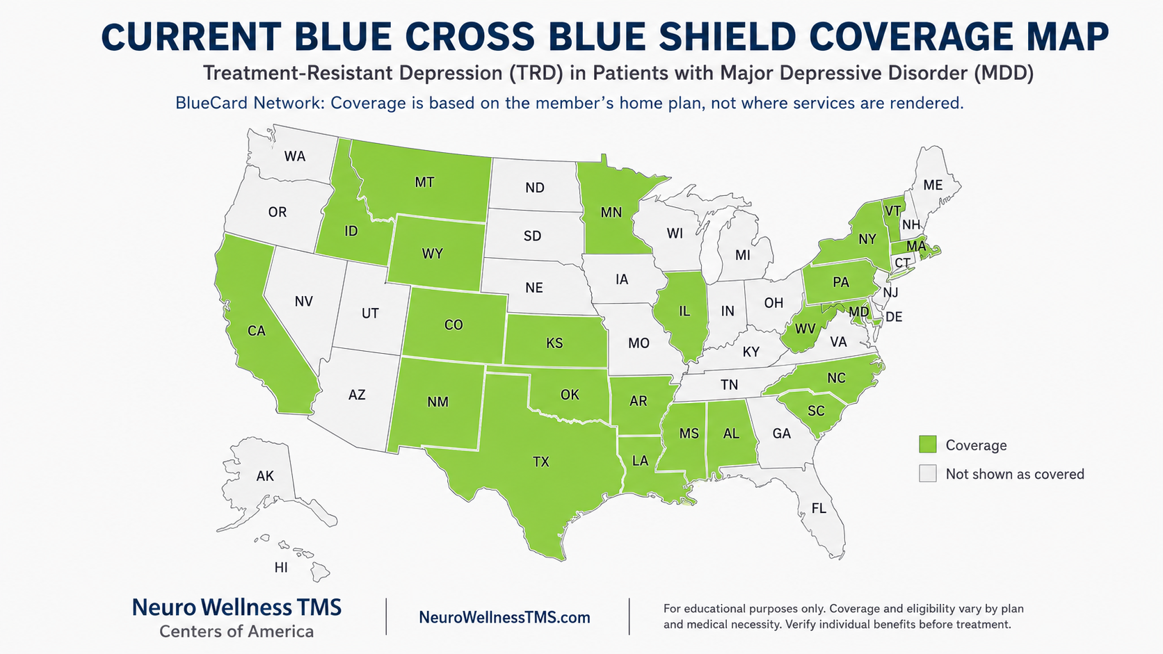Map of the United States showing states with reported Blue Cross Blue Shield coverage for SAINT® therapy in treatment-resistant depression
