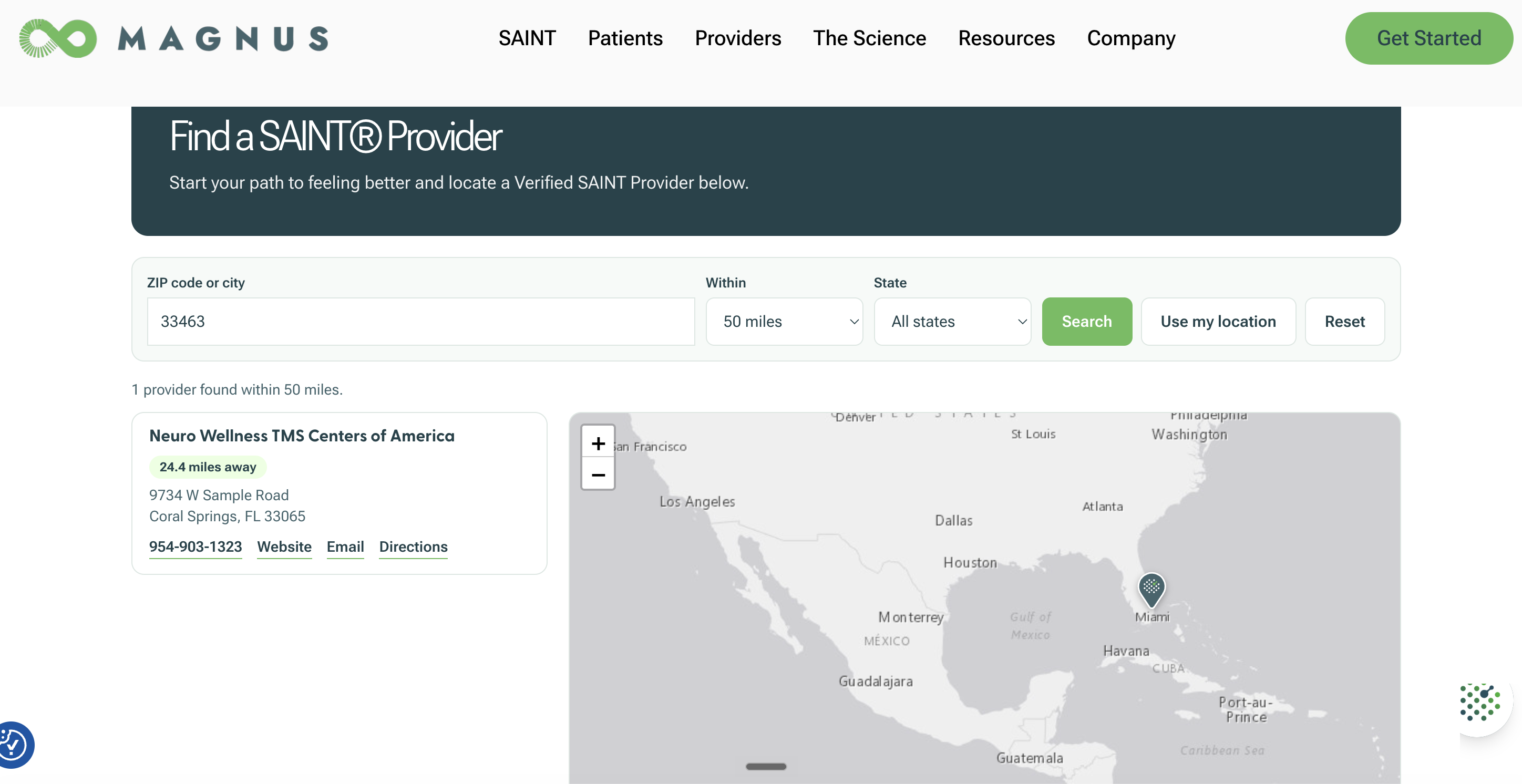 Magnus Medical Find a SAINT Provider directory screenshot showing Neuro Wellness TMS Centers of America in Coral Springs, FL