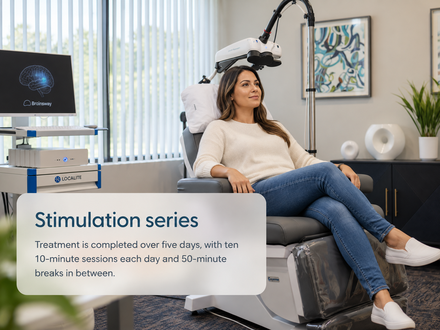 Patient seated comfortably in SAINT® TMS treatment chair receiving accelerated stimulation series