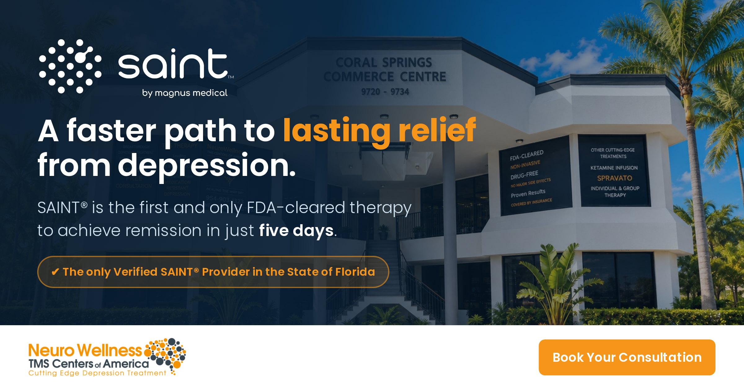 SAINT TMS treatment suite at Neuro Wellness TMS Centers of America in Coral Springs, FL