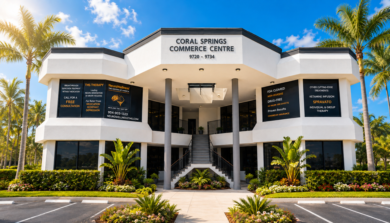 Exterior of Neuro Wellness TMS Centers of America in the Coral Springs Commerce Centre