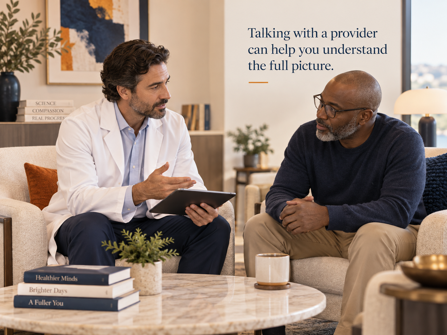 Doctor consulting with a patient: Talking with a provider can help you understand the full picture