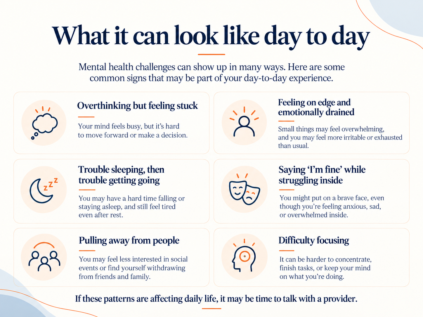 What it can look like day to day: Overthinking, feeling on edge, sleep trouble, saying I'm fine while struggling, pulling away, difficulty focusing