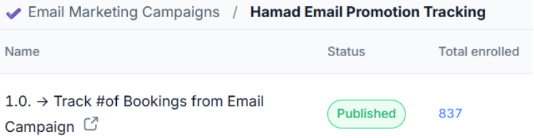 Track number of bookings from email campaign showing 837 calls booked