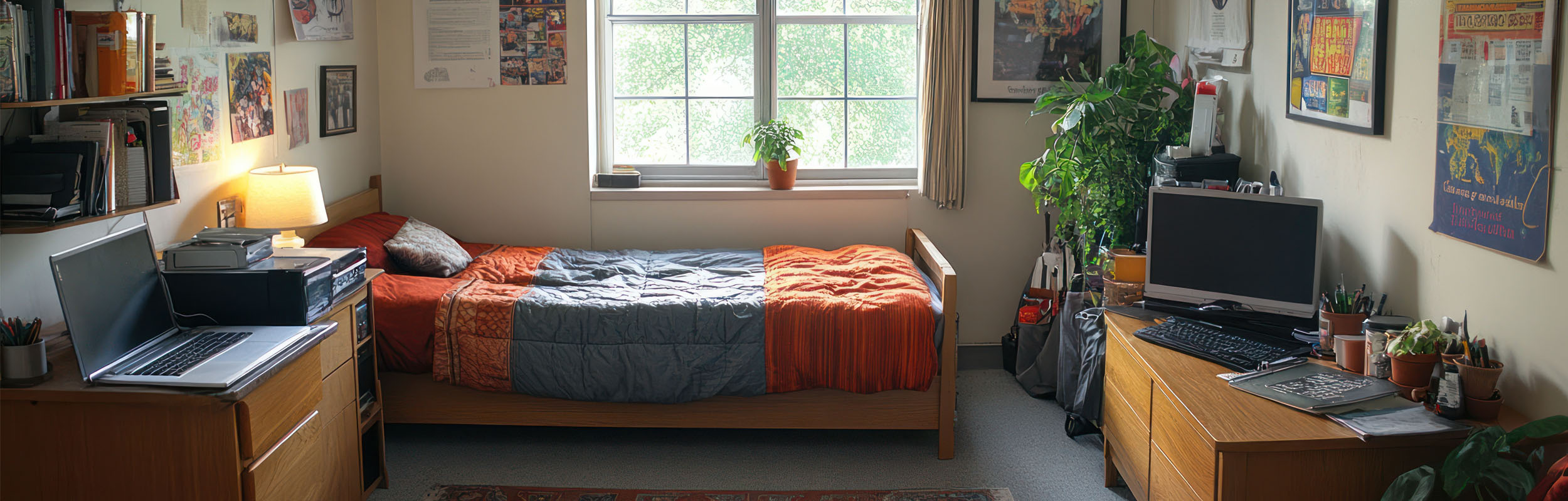 College dorm room interior with study desk, bed, window, and computer