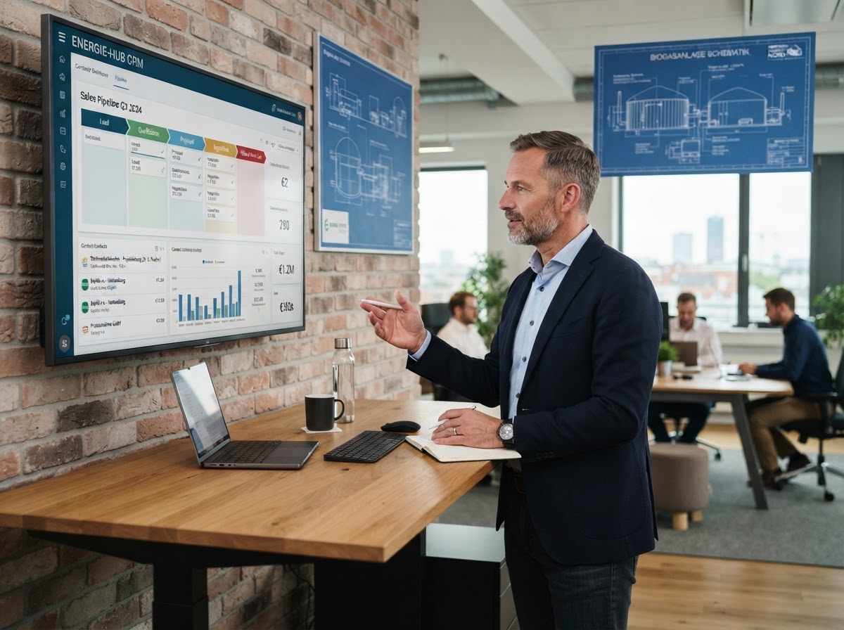 Vertriebsleiter eines Energieanlagenherstellers prüft die CRM-Pipeline mit Vertriebsstadien