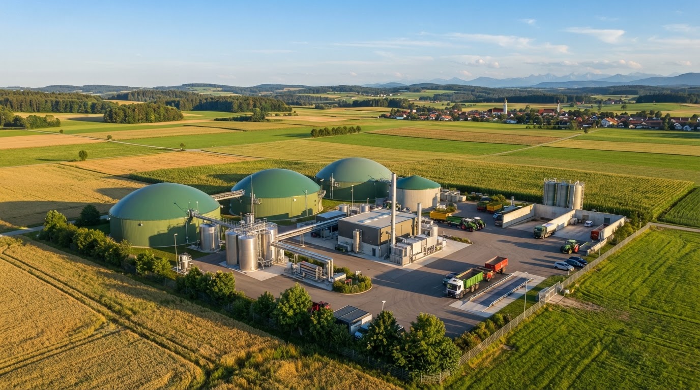 Moderne Biogasanlage mit Fermenter-Tanks und Röhrenleitungssystem