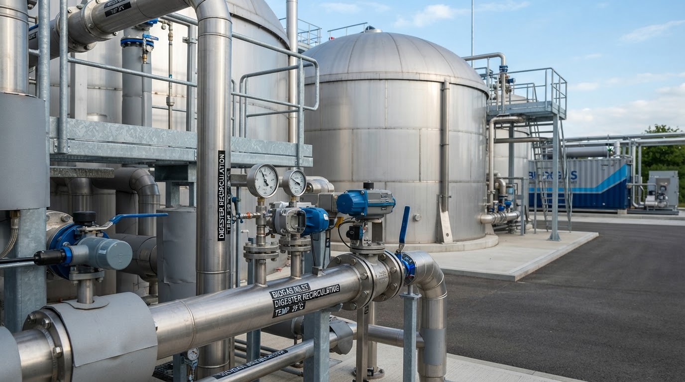 Industrielle Biogas-Infrastruktur mit Edelstahltanks, Druckmessern und Kontrollventilen