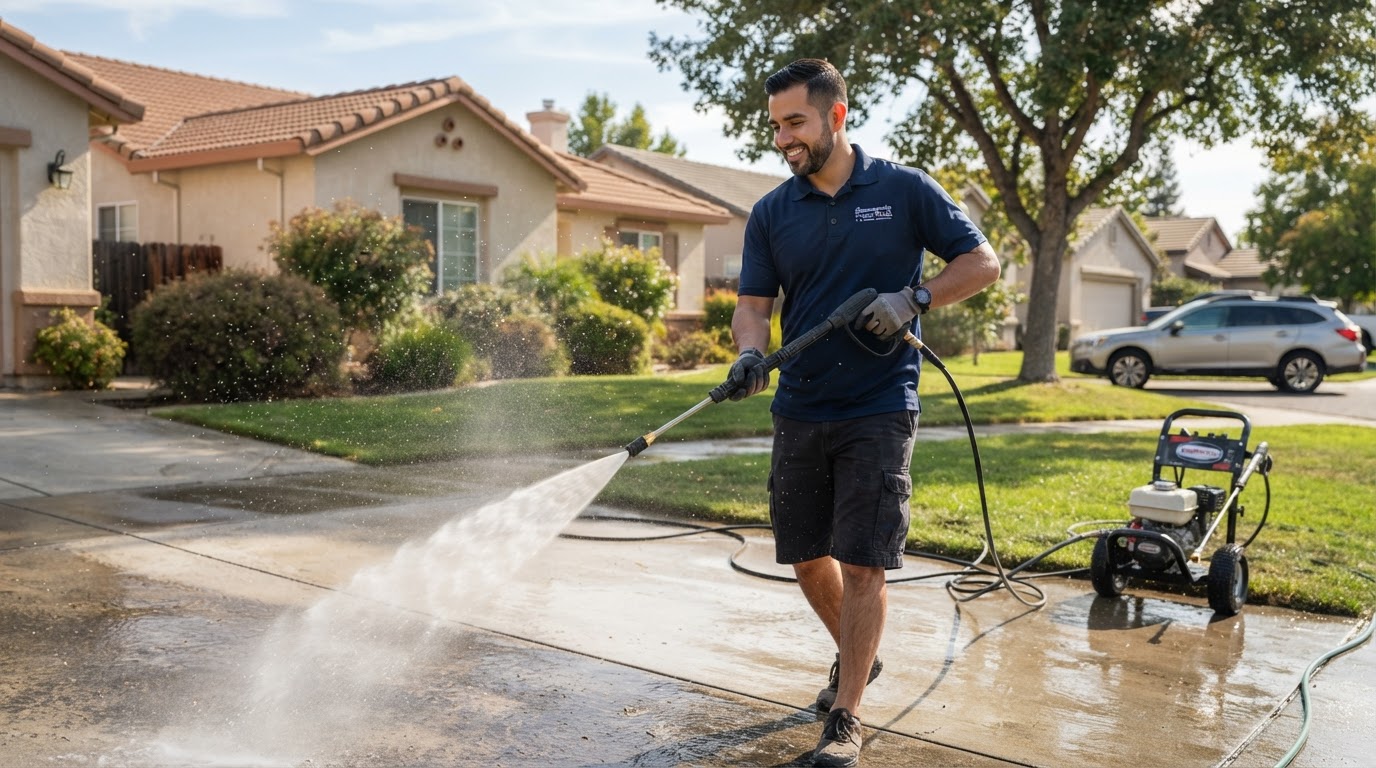 Christian Moreno of Ultra Sterling Cleaning pressure washing a Rancho Cordova driveway
