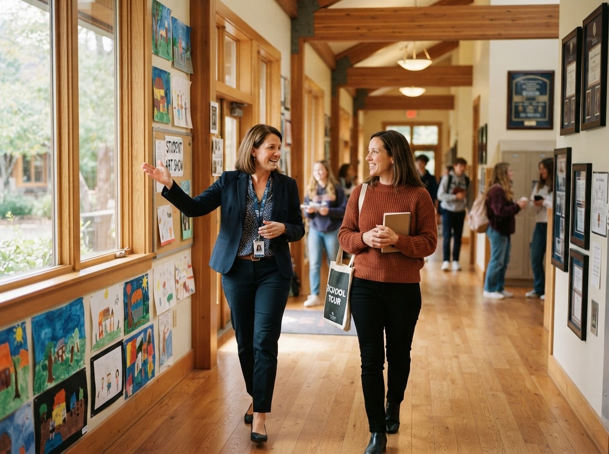 A school leader giving a tour inside a warm, light-filled school hallway, gesturing while talking with a visiting parent