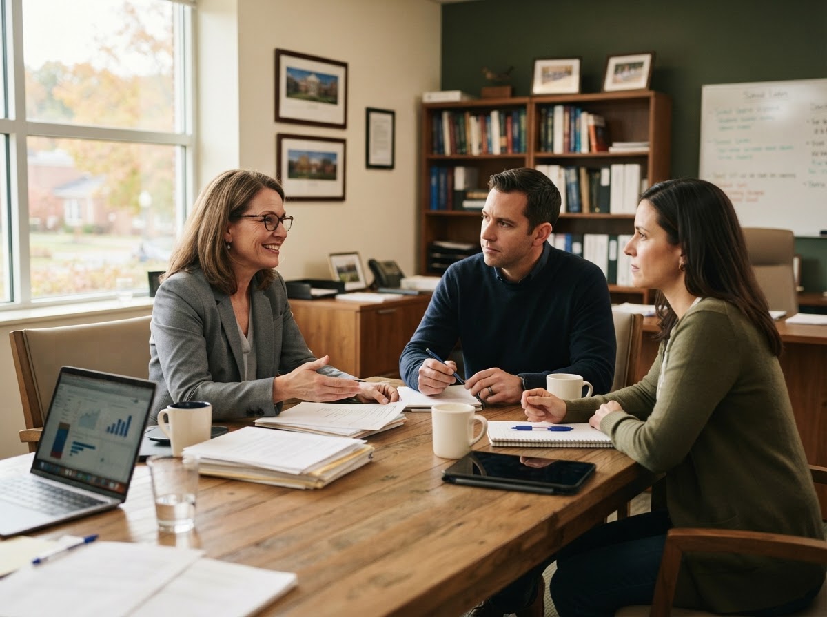 School leaders meeting in an office to discuss AI governance and policy