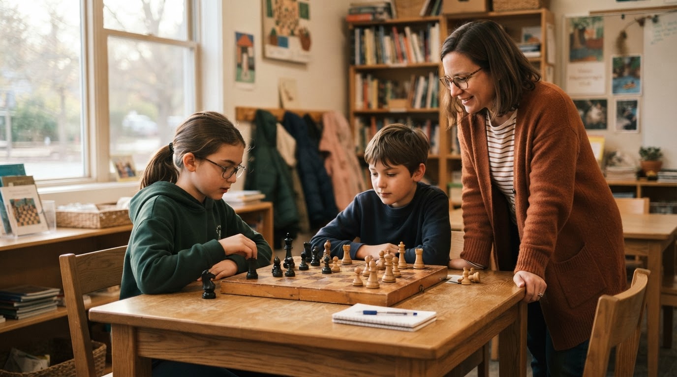 Teacher and students engaged in an afterschool chess club in a warm, well-lit classroom