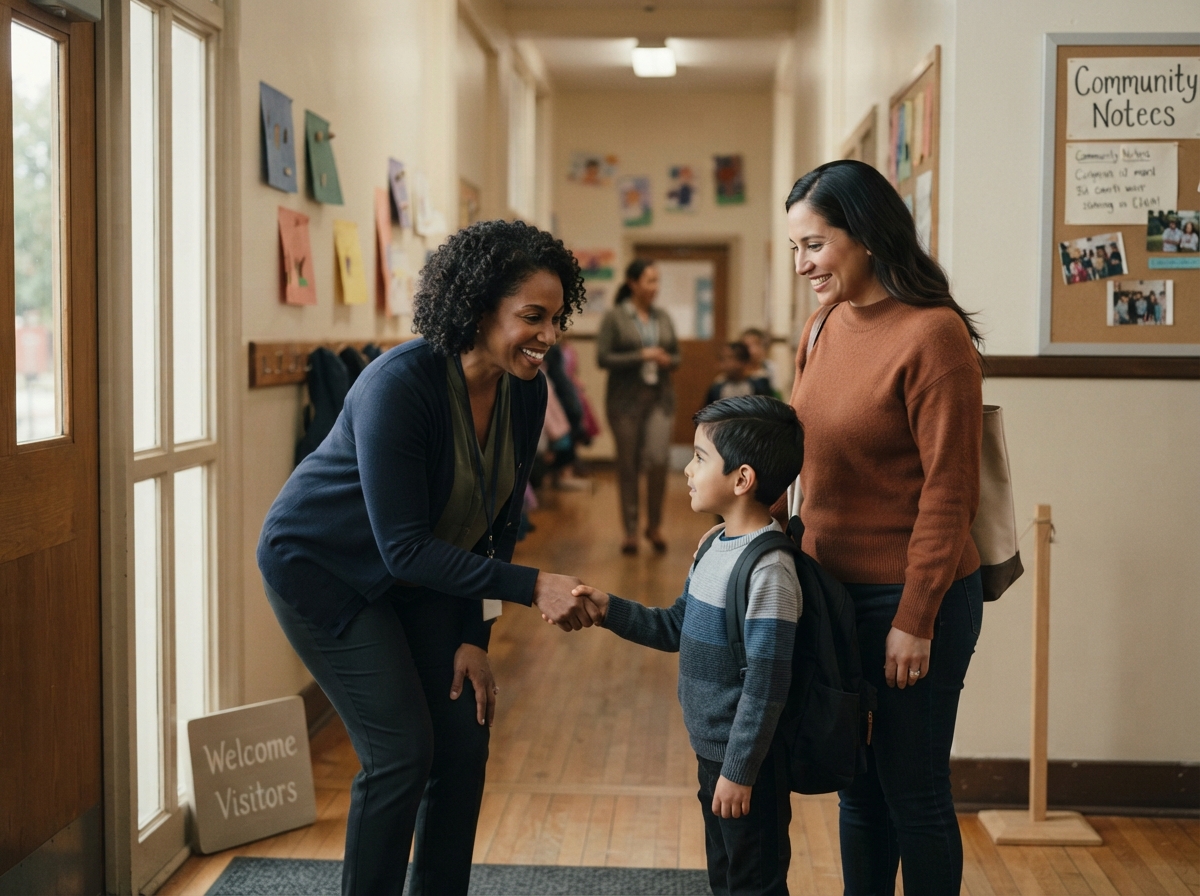 A small-school principal welcoming a prospective family.