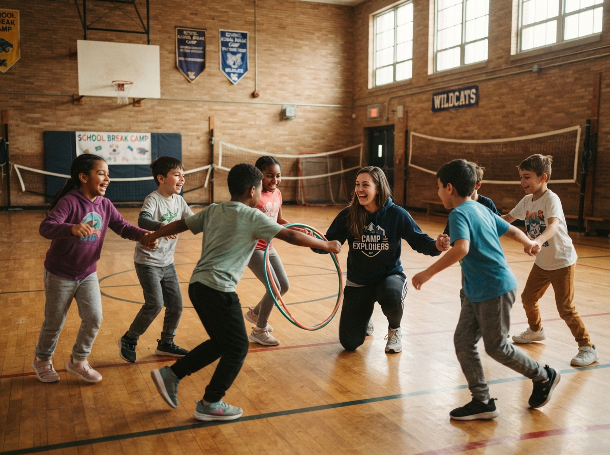 Children in casual clothes enjoying a break-camp group activity in a school gymnasium