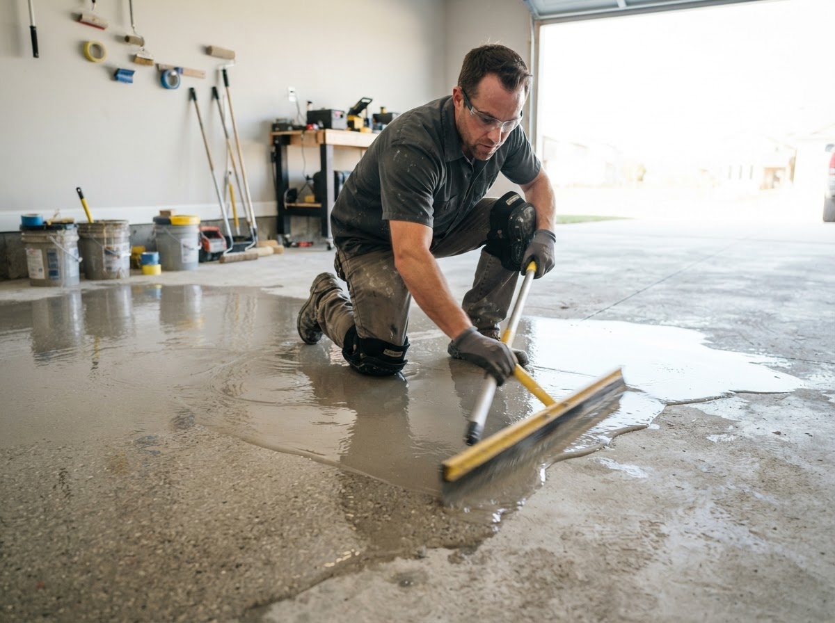 Epoxy flooring installer spreading coating on a concrete garage floor in Erie