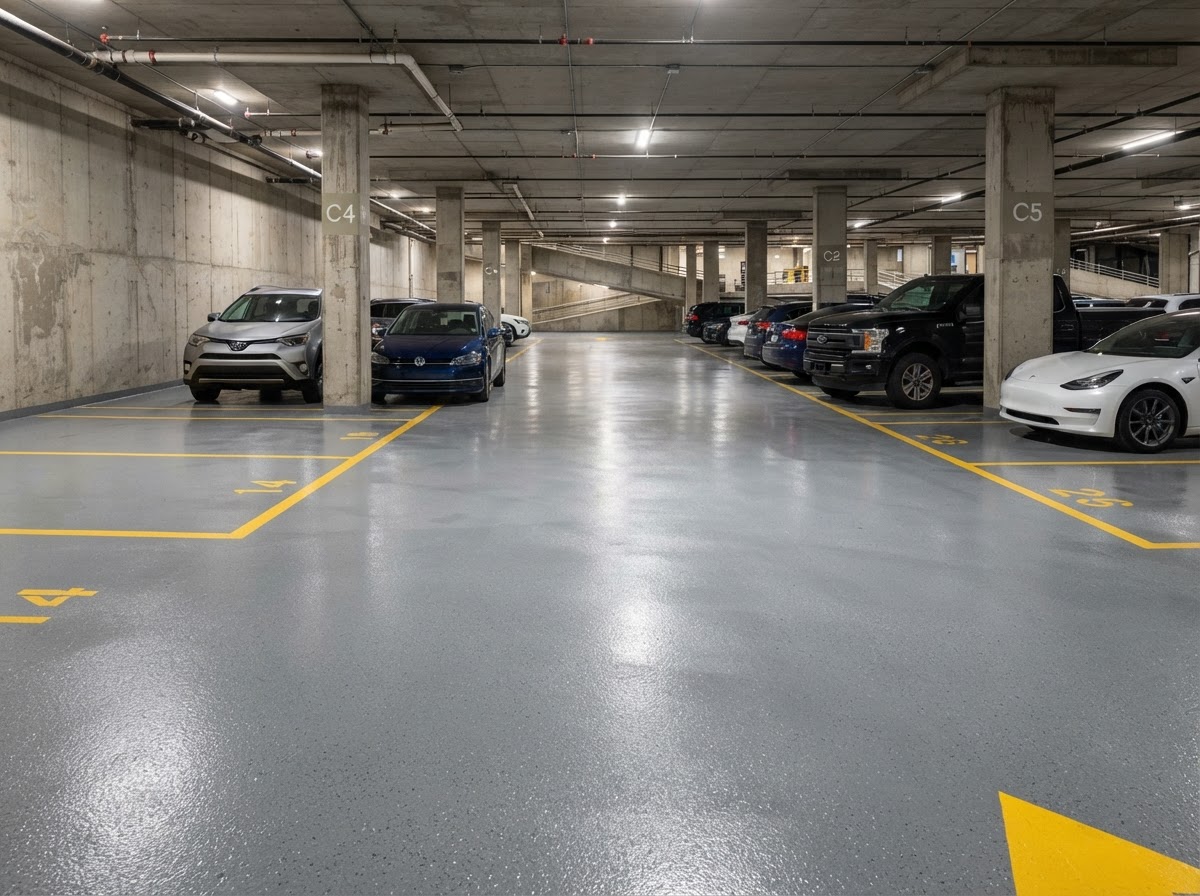 Coated parking garage concrete floor built for vehicle traffic near Erie PA