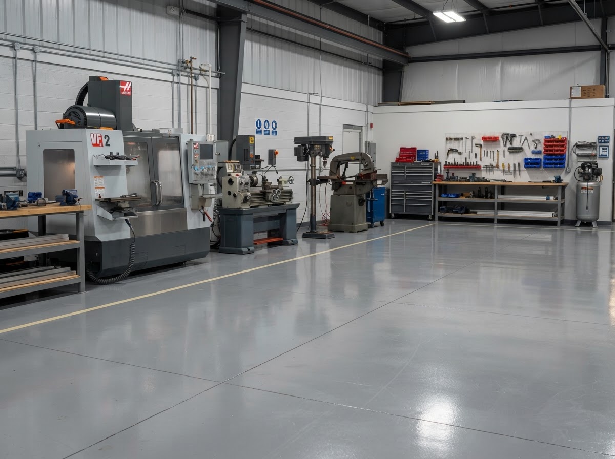 Sealed epoxy floor coating in a machine shop work area near Erie PA