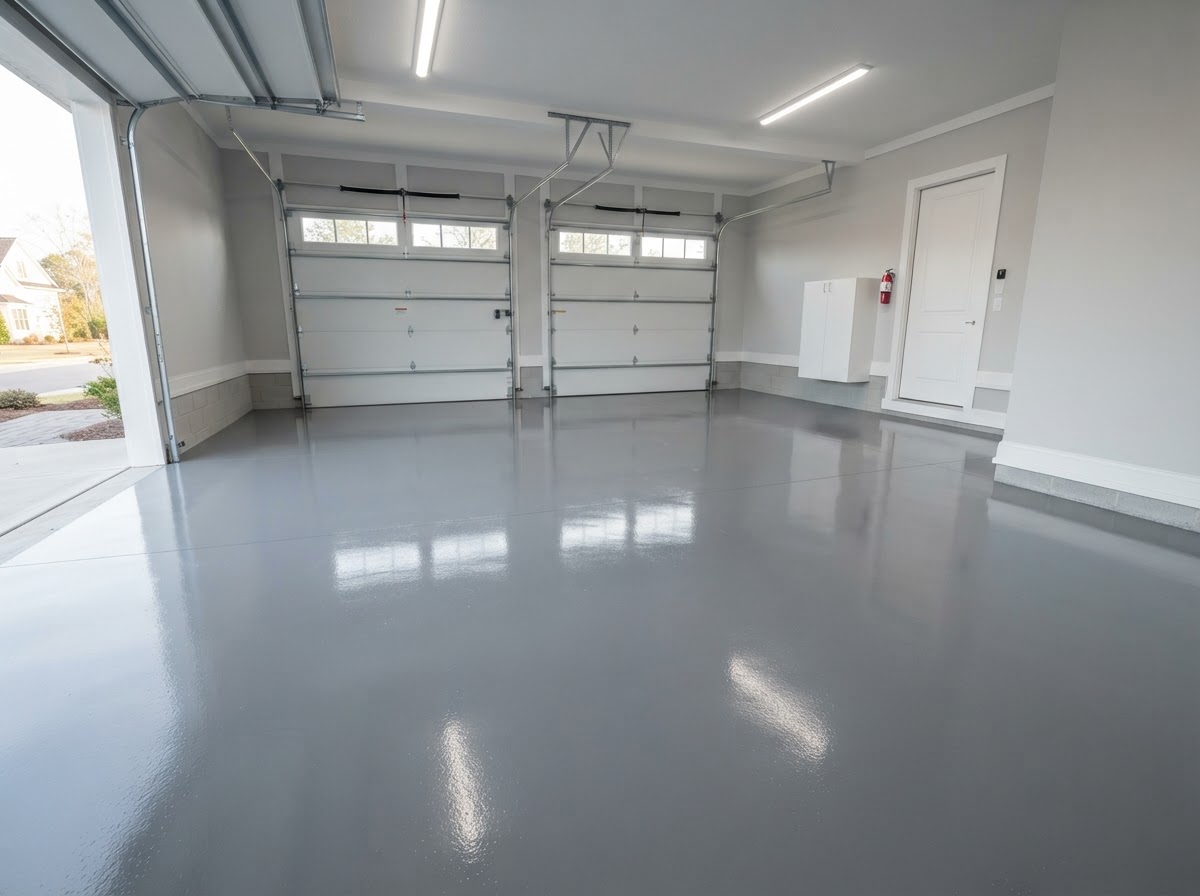 Glossy solid color gray epoxy floor in a clean Erie garage