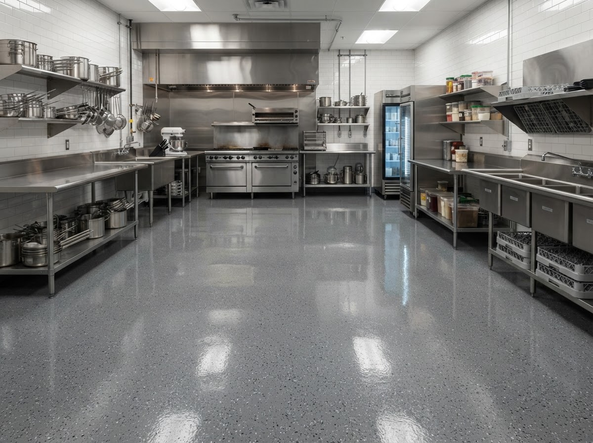 Sealed epoxy floor coating in a commercial kitchen near Erie PA