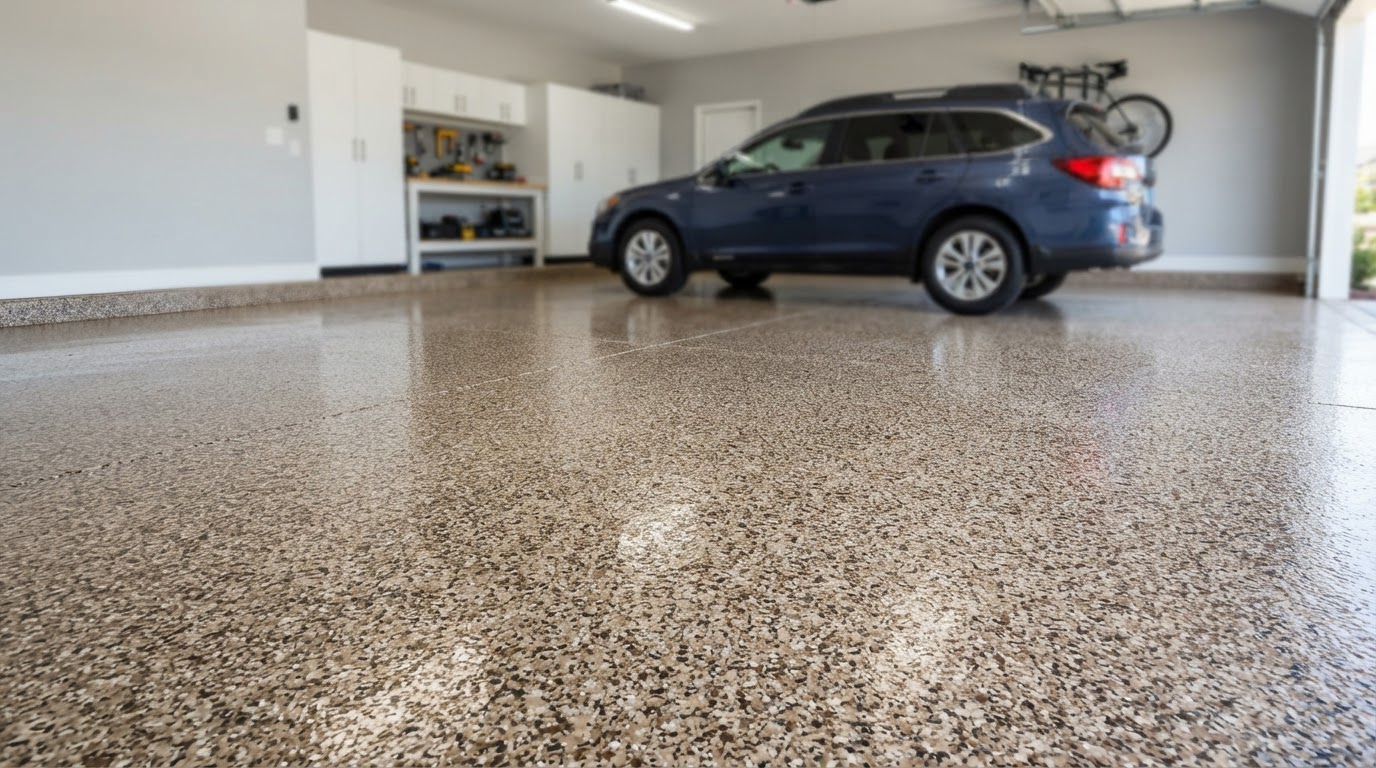 Garage floor with decorative flake epoxy coating in Erie PA