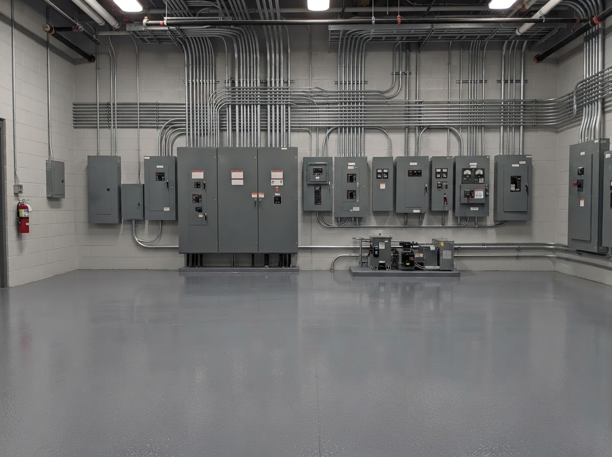 Sealed epoxy floor coating in an electrical utility room near Erie PA