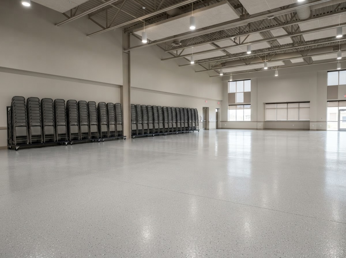 Sealed epoxy floor coating in a church multipurpose room near Erie PA