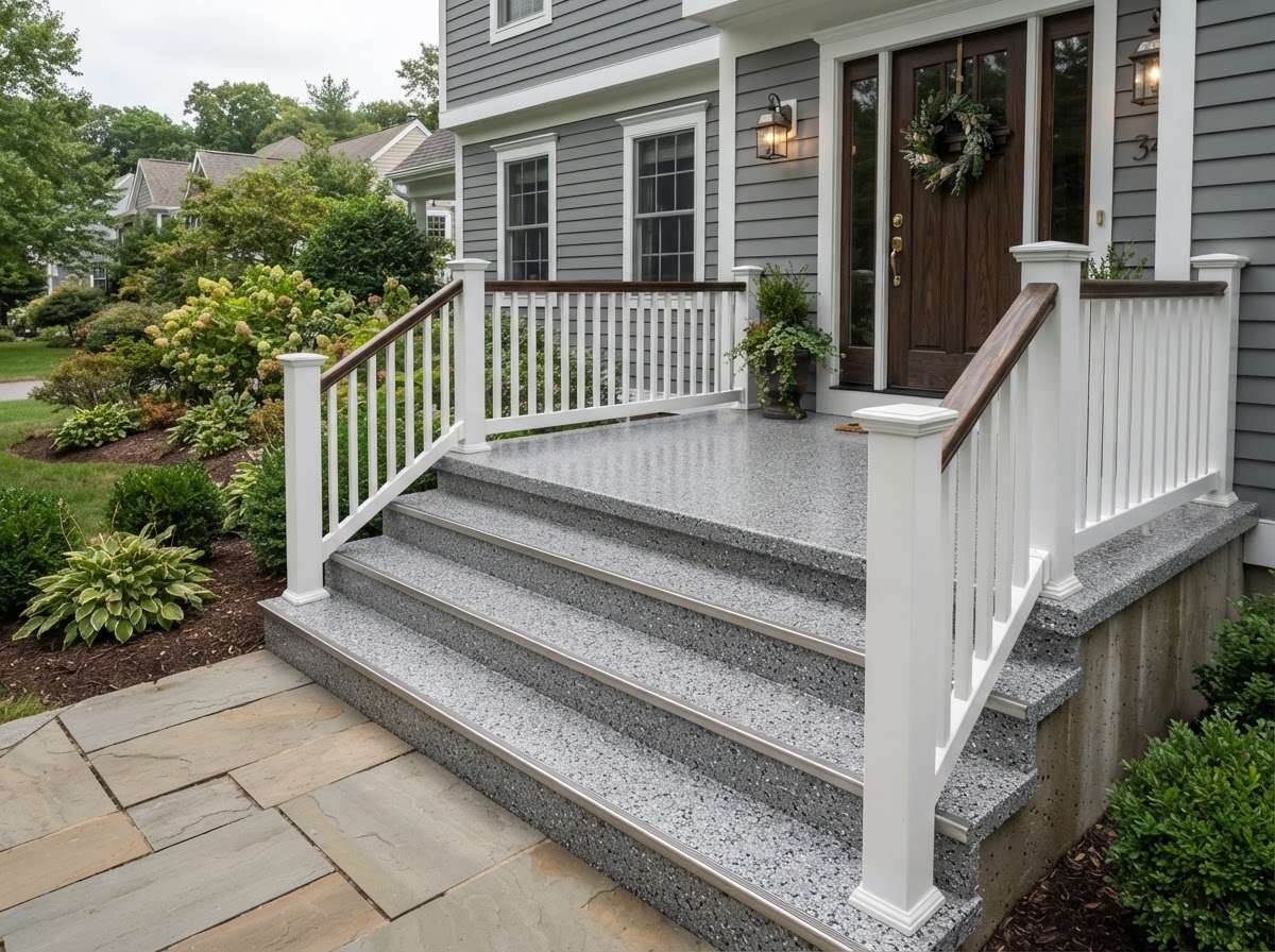 Sealed exterior concrete coating on a porch slab near Erie PA
