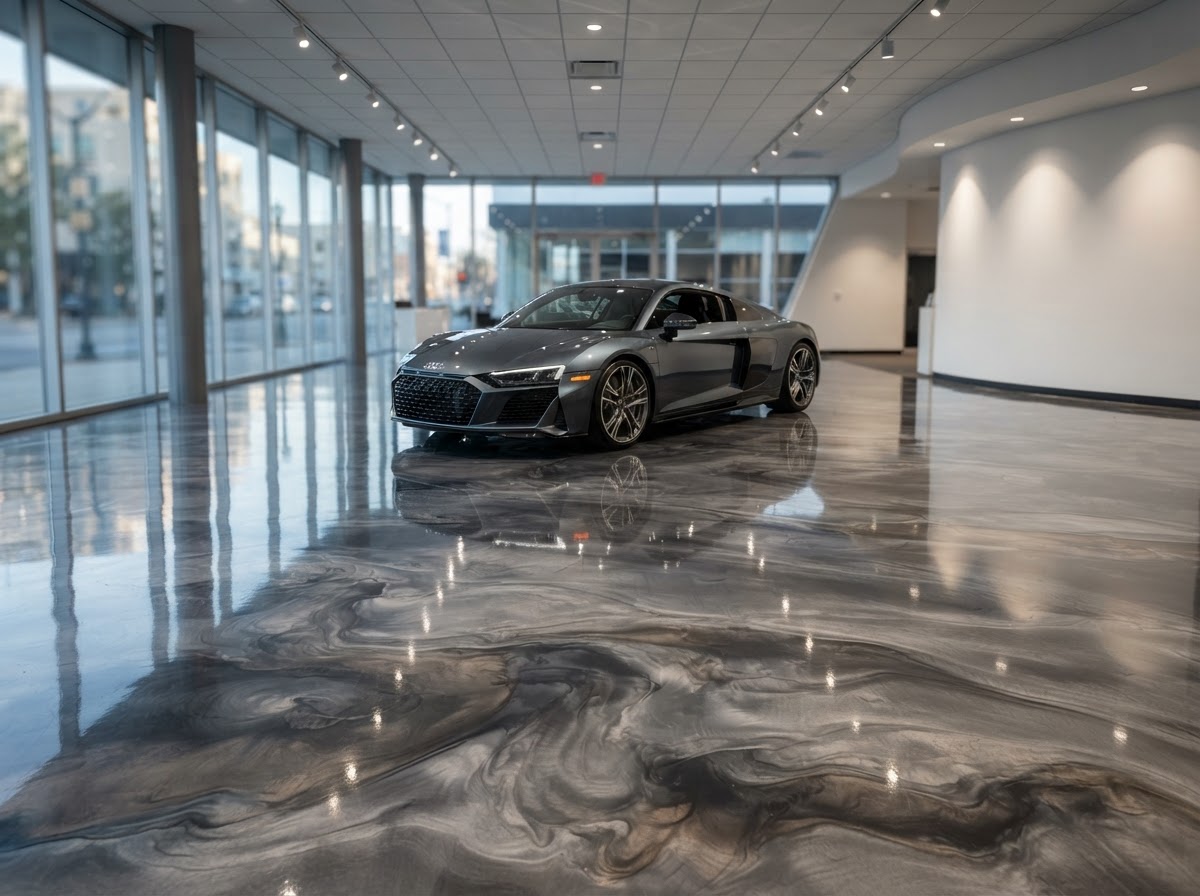 Metallic epoxy floor with swirling reflective finish near Erie PA