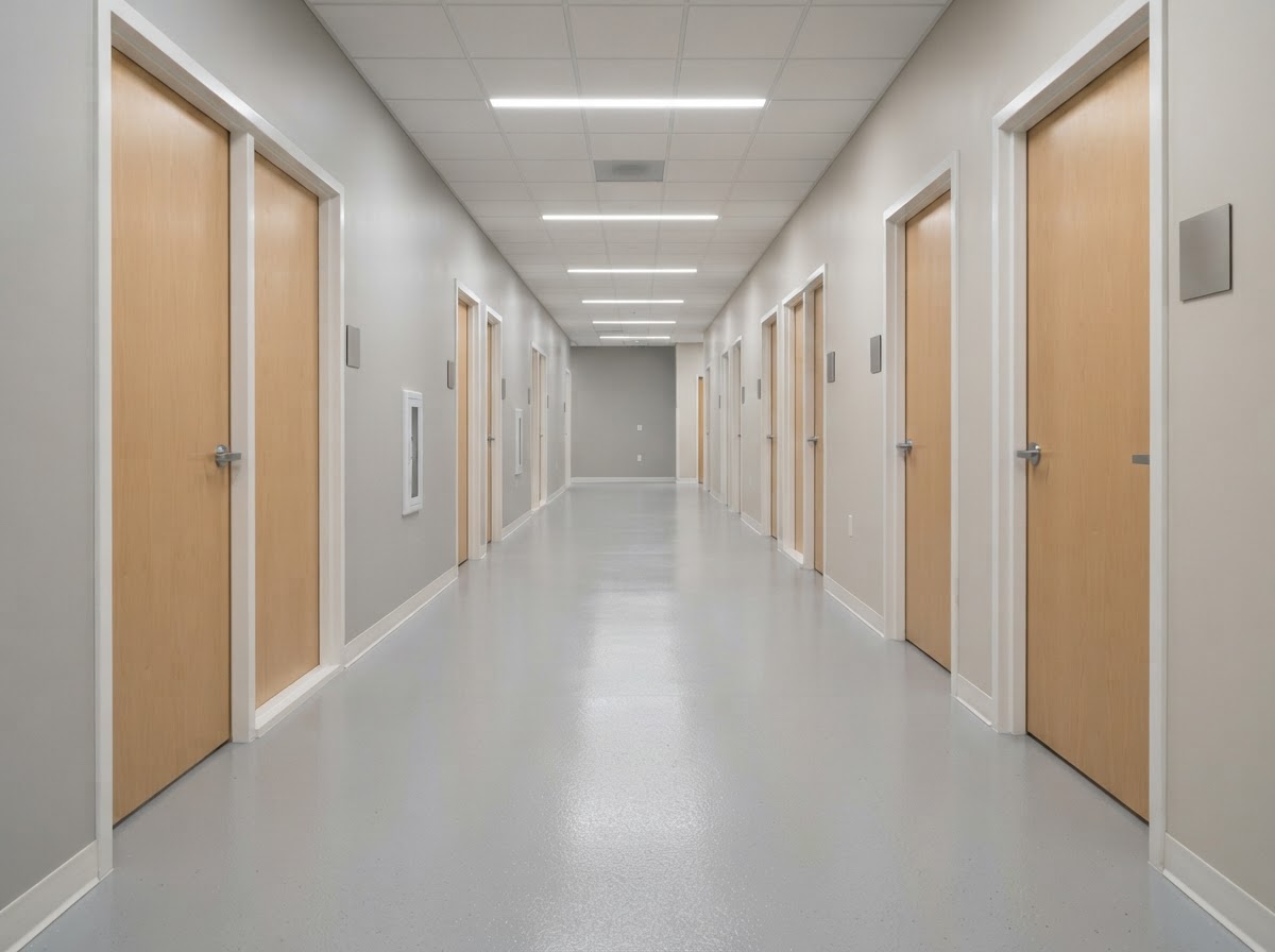 Sealed epoxy floor coating in a clinic hallway near Erie PA