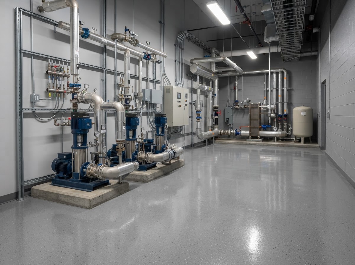 Sealed epoxy floor coating in a mechanical utility room near Erie PA