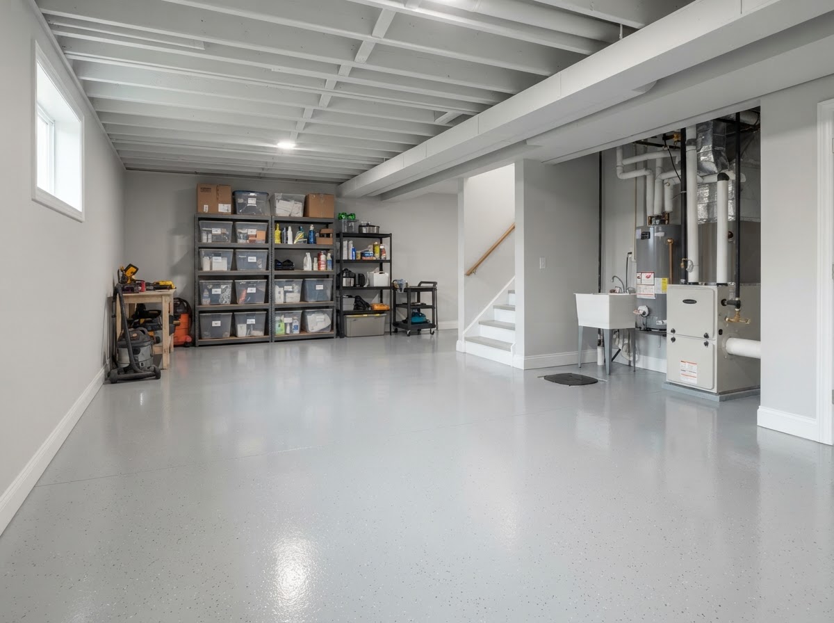 Sealed epoxy floor in a finished basement near Erie PA